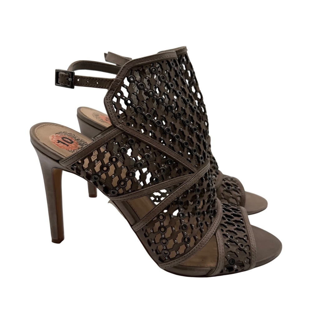 Vince Camuto Caged Sandals Womens 10 Taupe Laser Cut Grommet Heels New